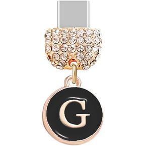 ELISE & FONDA TP59 Type-C Charging Port Crystal Anti Dust Plug with Tiny letter G Cell Phone Charm for Samsung/OnePlus/Xiaomi/oppo Android Phone iPhone 15/16 (Black)