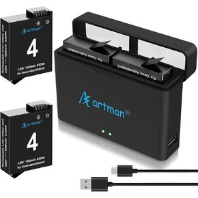 Artman Osmo Action 4/3 Battery 1800mAh 2-Pack for DJI Osmo Action 4, Osmo Action 3 Camera with Dual USB Storage Fast Charger Compatible with DJI Osmo Action 4/3 Extreme Battery Charger, Black