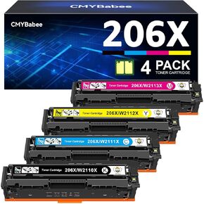 خرطوشة حبر بديلة متوافقة مع CMYBabee لـ HP 206X 206A للطابعة Color Laserjet Pro MFP M283fdw M283cdw M283fdn M282mw Pro M255dw M255nw M283 M255 W2110X W2110A عالية الإنتاجية (BCMY، 4 عبوات)