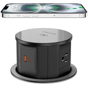Pop Up Outlet with 15W Wireless Charger, 4 AC Outlets & PD 20W USB Fast Charging, 4.75 inch Desk Hole Power Grommet Connect 6FT Cord for Office, Conference, Kitchen Use
