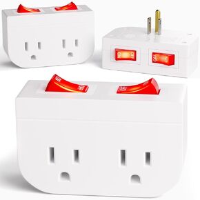 3Pack - POWAWINI Grounded Outlet with Double On Off Switch, Two Port Electrical Outlet Plug Switch, Wall Tap Adapter with Daul Red Indicator, 1875W,15A, ETL Listed, White