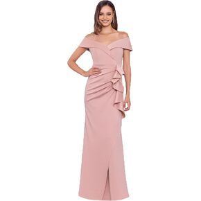 Xscape Women's Long Off Shoulder Sweetheart Neck Side Ruffle Gown (Reg and Petite)