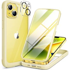 Miracase Glass Series Designed for iPhone 14 Case 6.1 inch, 2022 Upgrade Full-Body Clear Bumper Case with Built-in 9H Tempered Glass Screen Protector and Camera Lens Protector,Creamy Yellow