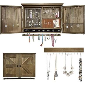 Rustic Wall Mounted Jewelry Organizer with Wooden Barndoor Decor,Wooden Wall Mount Holder,Jewelry holder for Necklaces, Earings, Bracelets, Ring Holder (Rustic)