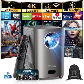 [One-Button Focus] Mini Projector with 5G WiFi and Bluetooth, 4K Outdoor Smart Projector with Carry Bag, Portable Movie Projector with Zoom, Home Theater Projector for Phone/TV Stick/PC (Gun gray)