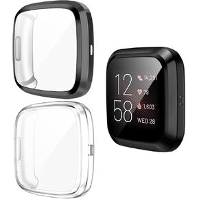 2 Pack TPU Case for Fitbit Versa 2 Screen Protector, Scratch Resistant Shock Full Around Protective Covers Compatible with Fitbit Versa 2 Smartwatch (Black/Black)