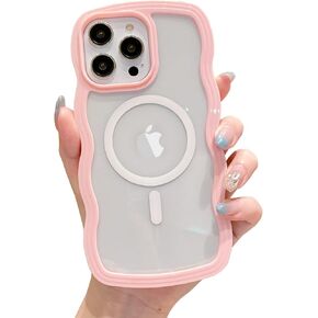 Losin for iPhone 15 Pro Max Magnetic Case [Compatible with MagSafe] Women and Girls Cute Curly Wave Frame Case Slim Soft Shockproof Protective Cover for iPhone 15 Pro Max 6.7 inch (Pink)
