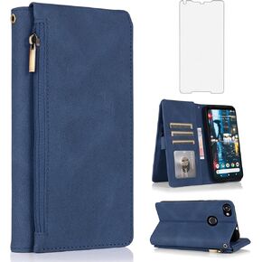 Compatible with Google Pixel 2XL Wallet Case Tempered Glass Screen Protector and Zipper Retro Leather Flip Cover Card Holder Stand Cell Accessories for Pixle 2 XL Pixel2XL Pixel2 LX Women Men Black