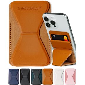 Elite Tech Gear Secure Phone Card Holder with Adjustable Stand - Compatible with iPhone & Android - Adhesive Phone Case Wallet for Cards - Vegan Leather - Brown