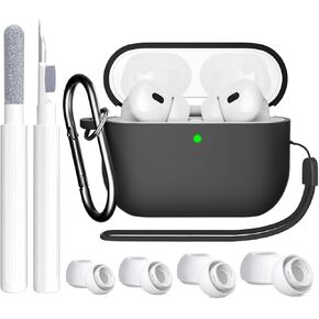 SUPFINE Compatible with AirPods Pro 2nd Generation Case(2023/2022/2019), Soft Silicone Protection AirPod Pro Case Cover(USB-C/Lightning Cable) with Cleaner kit&EarTips, Front LED Visible-Light,Black