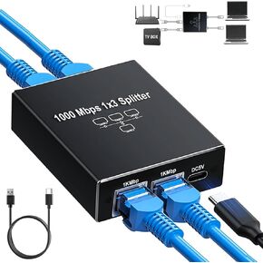 Ethernet Splitter 1 to 2, 1000Mbps High Speed LAN/Internet Cable Splitter Cat5/5e/6/7/8 Splitter 1 to 2 Devices[2 Devices Simultaneous Networking], RJ45 Splitter Adapter with USB Power Cable
