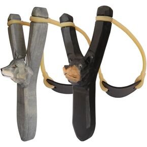 2PCS Wood Handmade Carved Animal Head Rubber Slingshot Toy Decor Gift Real Wood (Black Bear, Wolf)