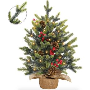 Tabletop Small Christmas Tree, 24 Inch/2FT Realistic-Feel PE Artificial Mini Christmas Tree with 30 Lights Timer Battery Operated 56 Norfolk Pine Tips 8 Pinecone 8 Red Berry Burlap Base Xmas Decor
