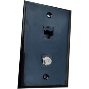 1 Gang Ethernet Coax Wall Plate Black - CAT6 RJ45 Network Coaxial Cover Plate - 1 Cable TV F Type Connector + 1 CAT6 Ethernet Port