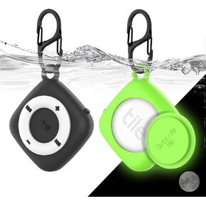 [2 Pack] Silicone Case for Tile Mate 2022, Waterproof Protective Cover for Tile Tracker, Full Body Anti-Scratch Cover for Tile Holder, Classic Retro MP3 Player Design with Carabiner (Black+Glow Green)