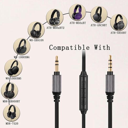 FAAEAL WH-1000XM5 Audio Cable Compatible with Sony WH-1000XM4/XM3 MDR-1AM2 Technica ATH-M50xBT ATH-ANC7B Headphones,in-line mic Control Extension Aux Cord 4.9ft w/mic in Saudi Arabia
