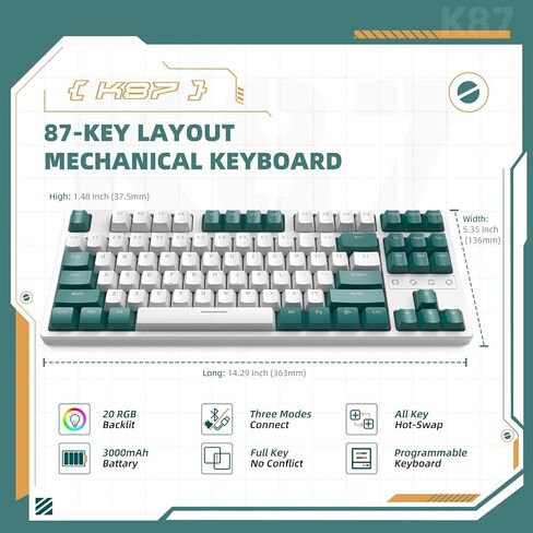 لوحة مفاتيح الألعاب الميكانيكية اللاسلكية ZIYOU LANG K87 TKL RGB بإضاءة خلفية، وضع ثلاثي 2.4 جيجا هرتز/بلوتوث 5.0/سلكي مع كابل USB C ملفوف، مفاتيح صفراء قابلة للتبديل السريع ولوحة مفاتيح قابلة لإعادة الشحن للكمبيوتر المحمول in Kuwait