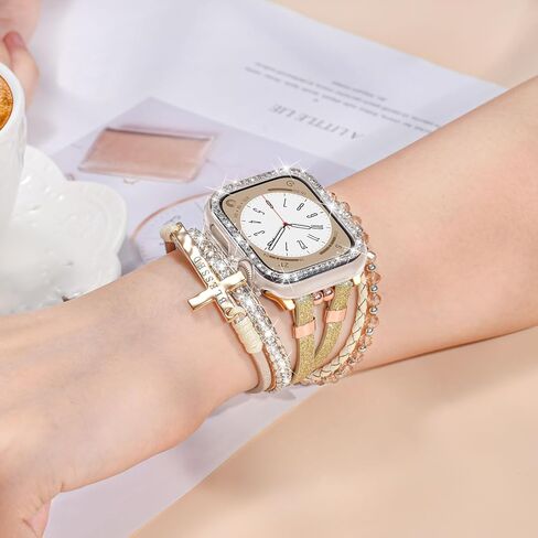 Boho Bracelet & Case Compatible with Apple Watch Band 40mm 44mm 45mm 41mm 38mm 42mm Women, Handmade Multilayer Leather Wrap Strap with Glitter Bumper for iWatch Series 9 8 7 6 5 4 3 2 1 SE in Kuwait