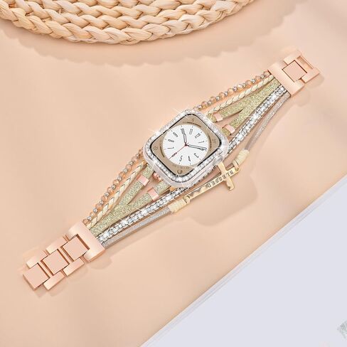 Boho Bracelet & Case Compatible with Apple Watch Band 40mm 44mm 45mm 41mm 38mm 42mm Women, Handmade Multilayer Leather Wrap Strap with Glitter Bumper for iWatch Series 9 8 7 6 5 4 3 2 1 SE in Kuwait