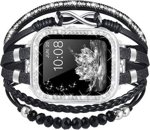 سوار وحافظة Boho متوافقة مع سوار ساعة Apple 40 مم 44 مم 45 مم 41 مم 38 مم 42 مم للنساء، حزام تغليف جلدي متعدد الطبقات مصنوع يدويًا مع مصد لامع لسلسلة iWatch 9 8 7 6 5 4 3 2 1 SE in Saudi Arabia