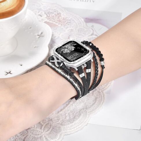 سوار وحافظة Boho متوافقة مع سوار ساعة Apple 40 مم 44 مم 45 مم 41 مم 38 مم 42 مم للنساء، حزام تغليف جلدي متعدد الطبقات مصنوع يدويًا مع مصد لامع لسلسلة iWatch 9 8 7 6 5 4 3 2 1 SE in Saudi Arabia