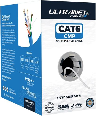 كابل Cat6 Plenum (CMP) بطول 1000 قدم | 23AWG موصلات نحاسية صلبة 100% | 550 ميجا هرتز، 4 أزواج UTP | فلوك DSX-8000 تم اختباره لمسافة تصل إلى 100 متر | الحل المعتمد المتميز PoE++ (4PPoE) (أسود) in Saudi Arabia
