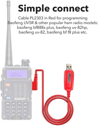كابل برمجة BAOFENG UV-5R/5RA/5R Plus/5RE، UV3R Plus، BF-888S، 5R EX، 5RX3، GA 2S (طول الكابل - 59 بوصة، أحمر ميركيت، هذا يعمل!) in Saudi Arabia