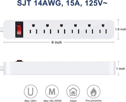 EXTRASTAR 6 Outlets Power Strip, 6 Ft Extension Cord 1875W,15A Build-in Circuit Breaker, Mountable, Thin Flat Plug, Desktop Charging Station for Home School Office, White in Saudi Arabia