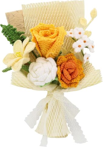 Crochet Bouquets, Crocheted Yarn Flowers, Handmade Crochet Rose Dandelion Balls Winterberry Fern Leaf as a Gift for Lover, Family,Friends.Finished Bouquet(Brown) in Kuwait