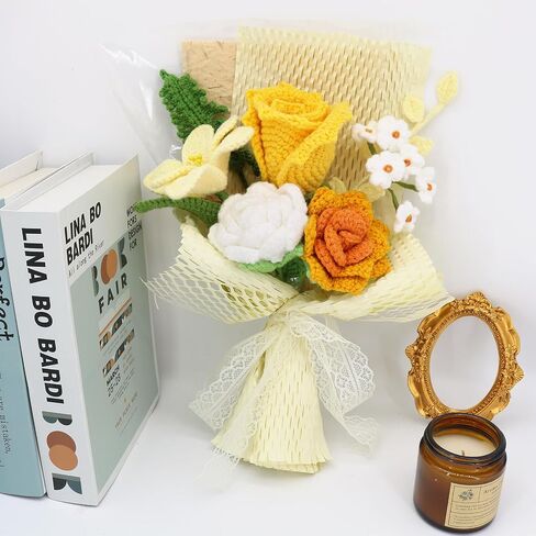 Crochet Bouquets, Crocheted Yarn Flowers, Handmade Crochet Rose Dandelion Balls Winterberry Fern Leaf as a Gift for Lover, Family,Friends.Finished Bouquet(Brown) in Kuwait