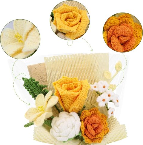 Crochet Bouquets, Crocheted Yarn Flowers, Handmade Crochet Rose Dandelion Balls Winterberry Fern Leaf as a Gift for Lover, Family,Friends.Finished Bouquet(Brown) in Kuwait