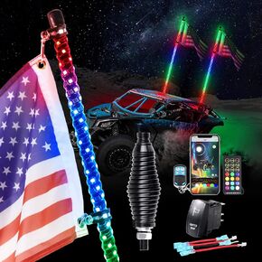 Whip Lights Uemicip 2PCS 2FT Spiral RGB LED Whip Light for UTV, with Spring Base App & RF Wireless Remote Control, Chasing Lighted Antenna Whips for UTV ATV RZR SXS Can-Am Polaris Offroad Truck