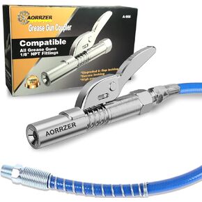 AORRZER Grease Gun Coupler, Strong Lock on Greases Gun Couplers, 12000 PSI Quick Release Grease Coupler with 12" Spring Flex Hose, Compatible with All Grease Guns 1/8" NPT Grease Gun Fitting(1 PCS)