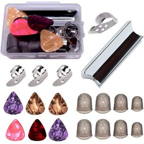 TUOREN Guitar Slide Tone Bar with 4pcs Metal Thumb & Finger Picks 6pcs Celluloid Guitar Picks 8pcs Silicone Finger Protectors in a Box for Lap Steel Guitar, Hawaiian Guitar, Electric Guitar