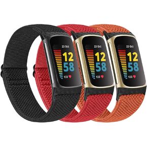 Huamanlou 3 Pack Elastic Loop Breathable Watch Bands Compatible with Fitbit Charge 5 Bands, Soft Adjustable Nylon Sport Replacement Wristband for Women Men