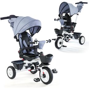 EOOWOY Baby Tricycle, 6 in 1 Kids Trike with Push Handle, Rotatable Seat, Removable Canopy, Safety Harness, All-Terrain PU Wheel for 18 Months - 5 Year Old(Light Gray)