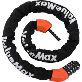 قفل سلسلة الدراجة ValueMax 3.2FT، رمز مجموعة قابل لإعادة الضبط مكون من 5 أرقام، قفل سلسلة دراجة عالي التحمل مضاد للسرقة، للدراجات / الدراجات النارية / الدراجات البخارية / الأبواب القابلة للطي، أسود + برتقالي اللون in Kuwait