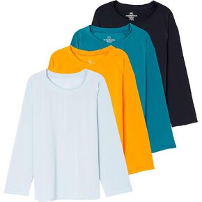 Real Essentials 4 Pack: Girls Long Sleeve Rash Guard Shirt - Swimwear UPF Sun Protection Swim Top (Ages 4-16)