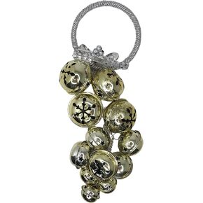 Needzo Gold Tone Jingle Bell Cluster for Door Knob Hanging Decoration, Large Sleigh Bells Decor Ring in The Holiday Winter Season, Snowflakes and Star Cutout Merry Christmas 2023 Features, 12 inches