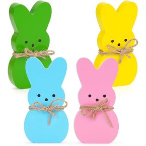 Babycop Easter Décor, 4 Pcs Bunny Table Decorations Wooden Spring Signs for Home, Wood Rabbit Tiered Tray/Mantal Décor for Farmhouse or Office Party Supplies