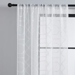 Blue Embroidered Geometric Design Half Pleated Rod Pocket White Sheer Curtains Panel for Patio, Living Room, Set of 2, 54Inch x 63 Inch