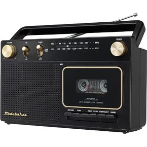 Studebaker Portable Retro Home Audio Stereo AM/FM Radio & Cassette Player/Recorder with Aux Input Jack & Built in Speakers (Gold)