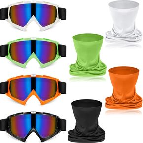 4 Pcs Motorcycle Dirt Bike Goggles for Men Women Windproof Adjustable ATV Goggles and 4 Pcs Neck Breathable Face Cover