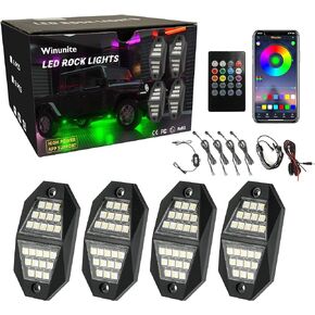 Winunite 4 Pods RGB Rock Lights 210 Degrees Wide Angle,Waterproof Music Mode/29 Colors Changing Modes/Voice Mode APP/Remote Control Neon Light Kit for Off Road Truck SUV ATV UTV Boat