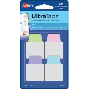Avery Mini Ultra Tabs, 1" x 1.5", 2-Side Writable, Assorted Pastel Colors, 40 Repositionable Tabs (74761)
