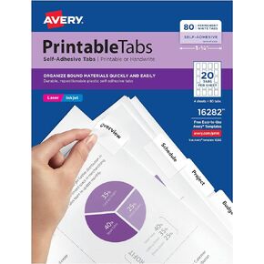 Avery Printable Self-Adhesive Plastic Tabs, 1-3/4", Repositionable Adhesive, White, Pack of 80 (16282)