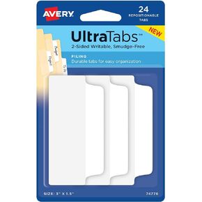 Avery Filing Ultra Tabs, 3" x 1.5", 2-Side Writable, Red/Blue/Green, 24 Repositionable File Tabs (74775)