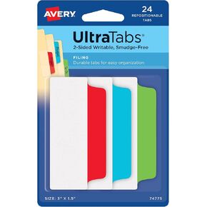 Avery Filing Ultra Tabs, 3" x 1.5", 2-Side Writable, Red/Blue/Green, 24 Repositionable File Tabs (74775)