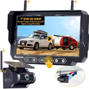 Magnetic Solar Wireless Backup Camera: 7" DVR Monitor 2s Voice Wake-Up Portable 1Min Easy Install Hitch Rear View Camera Rechargeable Battery HD 1080P for Truck Small RV Trailer Car Camper Pemacom P15