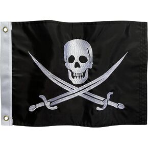 Pirate Flag - 12x18 Inch Outdoor Nylon Jolly Roger Banner with Embroidered Skull and Swords, Brass Grommets and White Canvas Header Boat Size
